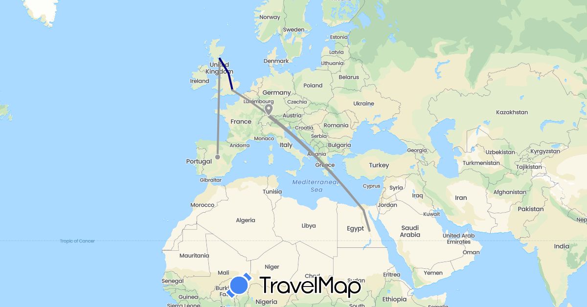 TravelMap itinerary: driving, plane in Switzerland, Egypt, Spain, United Kingdom (Africa, Europe)